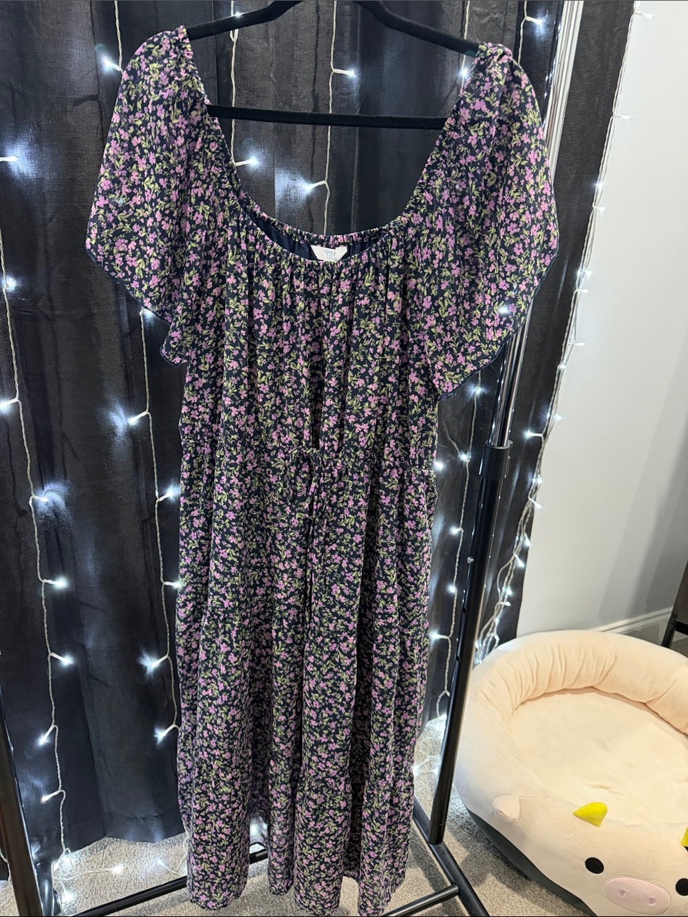 Navy Floral Puff-Sleeve Dress with Pink Blossoms